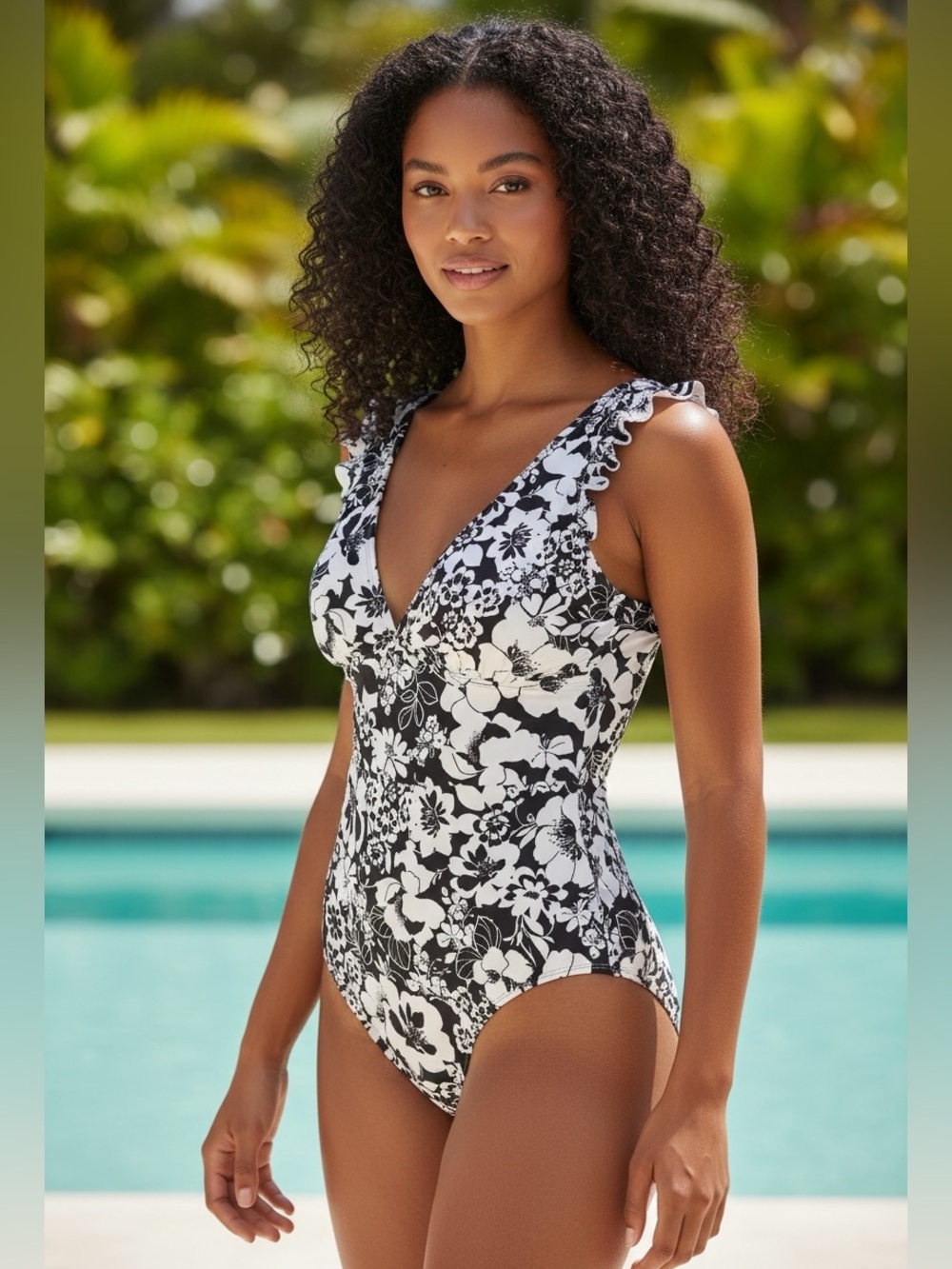 Catalina Swim ware Black & Cream/white Floral One-Piece Swimsuit M